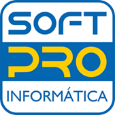Logo Soft Pro Informática - Texto em azul com ícone de computador